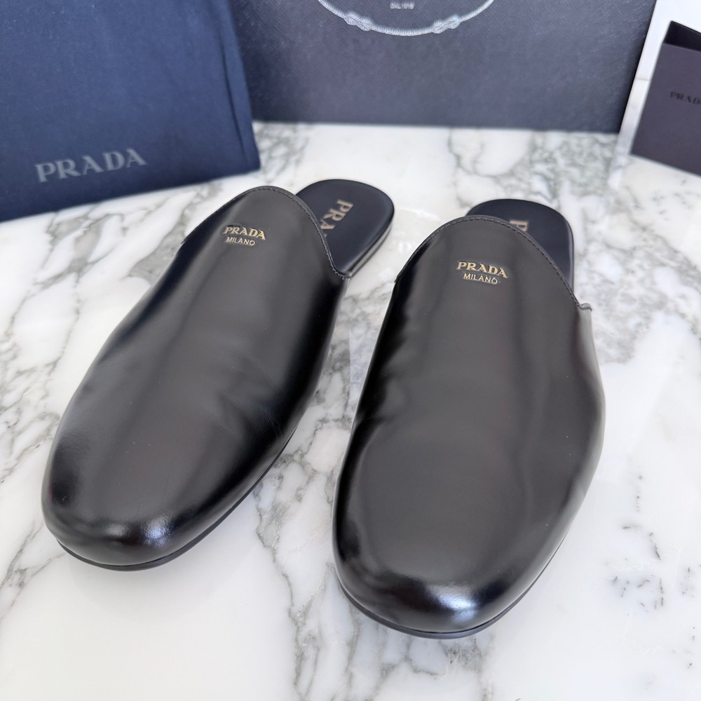 Prada Milano Black Leather Mule Slides Gold Logo Slip On Flat Shoes Mens UK7 - Picture 2 of 13